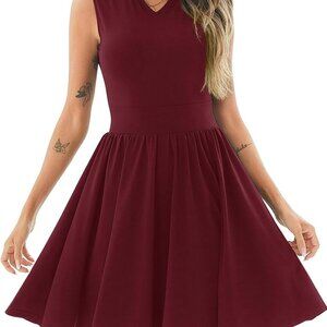 Women's Sleeveless V Neck Pleated Summer Dress Boho Midi Swing Casual